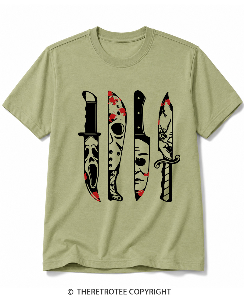 TheRetroTee Horror Movie Characters In Knives 1970s Cotton T-Shirt