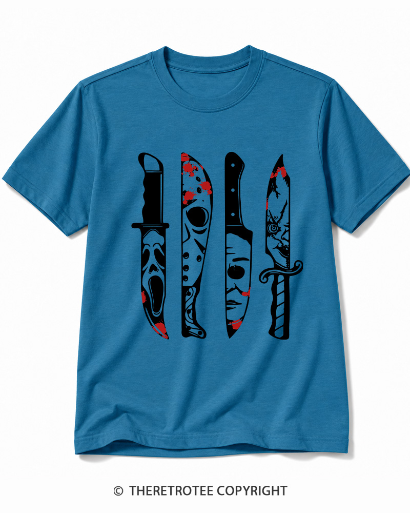 TheRetroTee Horror Movie Characters In Knives 1970s Cotton T-Shirt