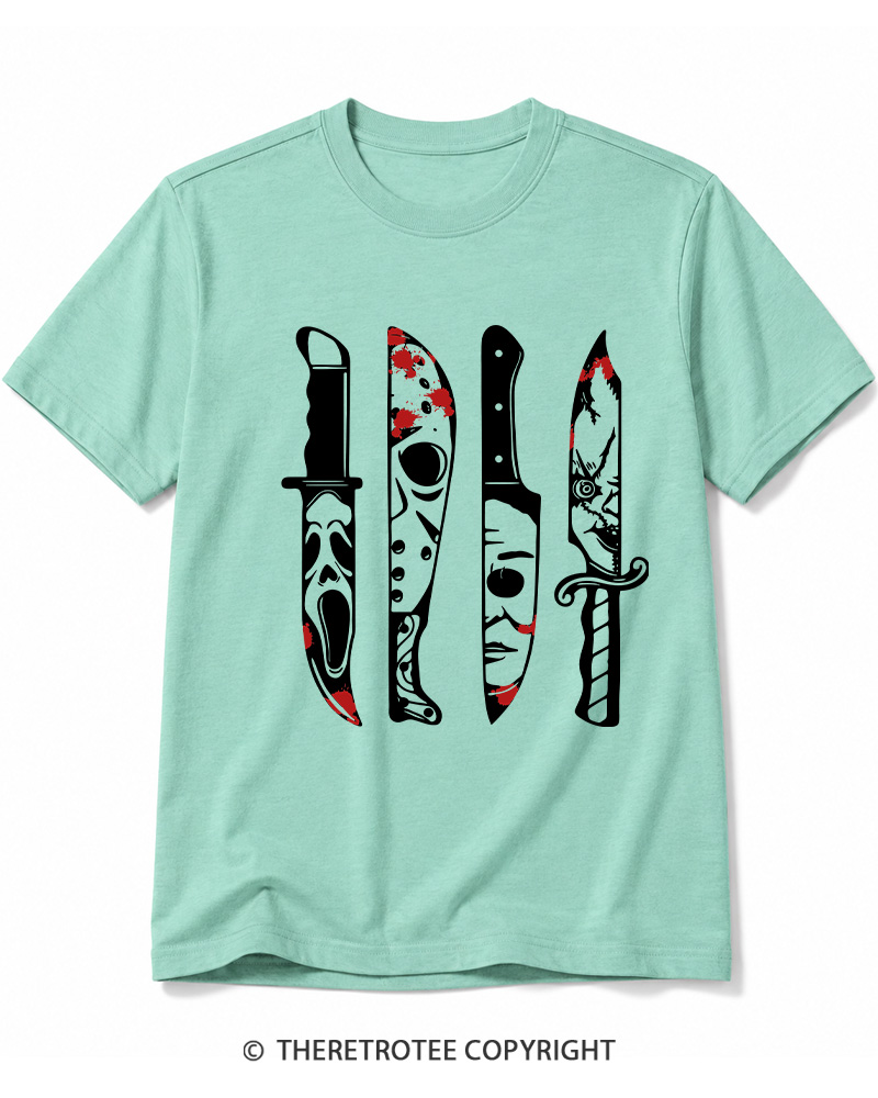 TheRetroTee Horror Movie Characters In Knives 1970s Cotton T-Shirt