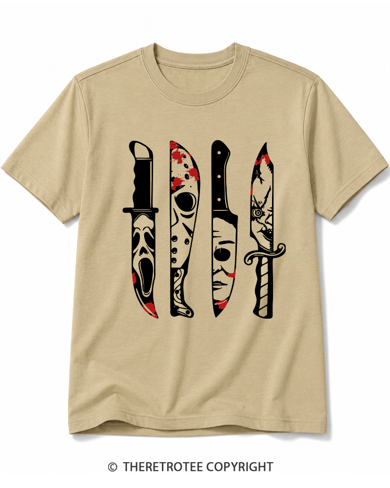 TheRetroTee Horror Movie Characters In Knives 1970s Cotton T-Shirt