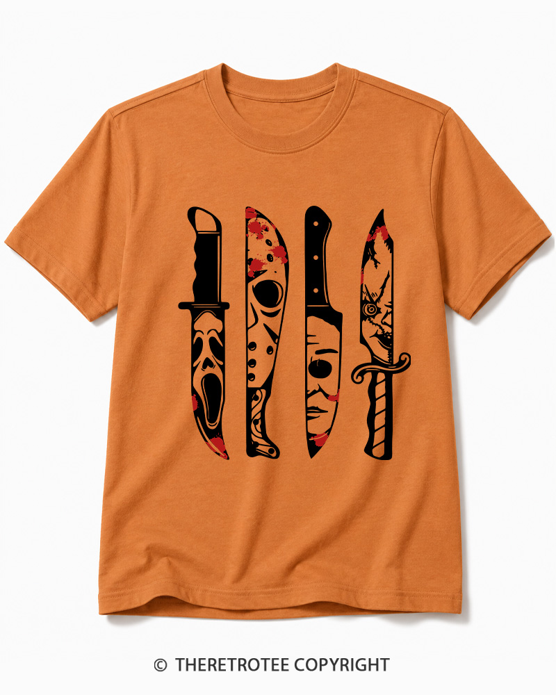 TheRetroTee Horror Movie Characters In Knives 1970s Cotton T-Shirt