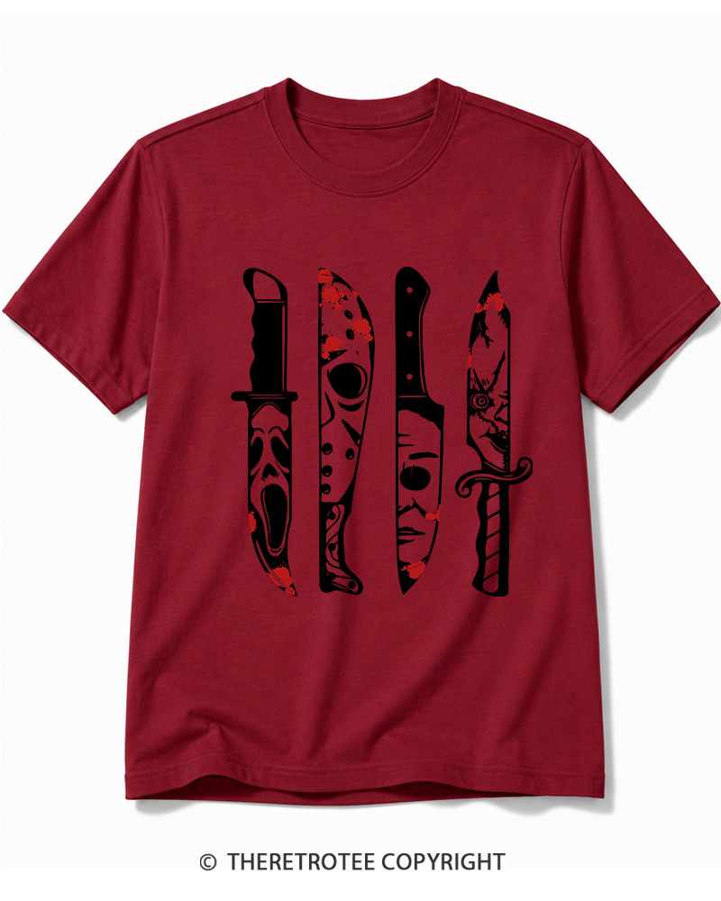 TheRetroTee Horror Movie Characters In Knives 1970s Cotton T-Shirt