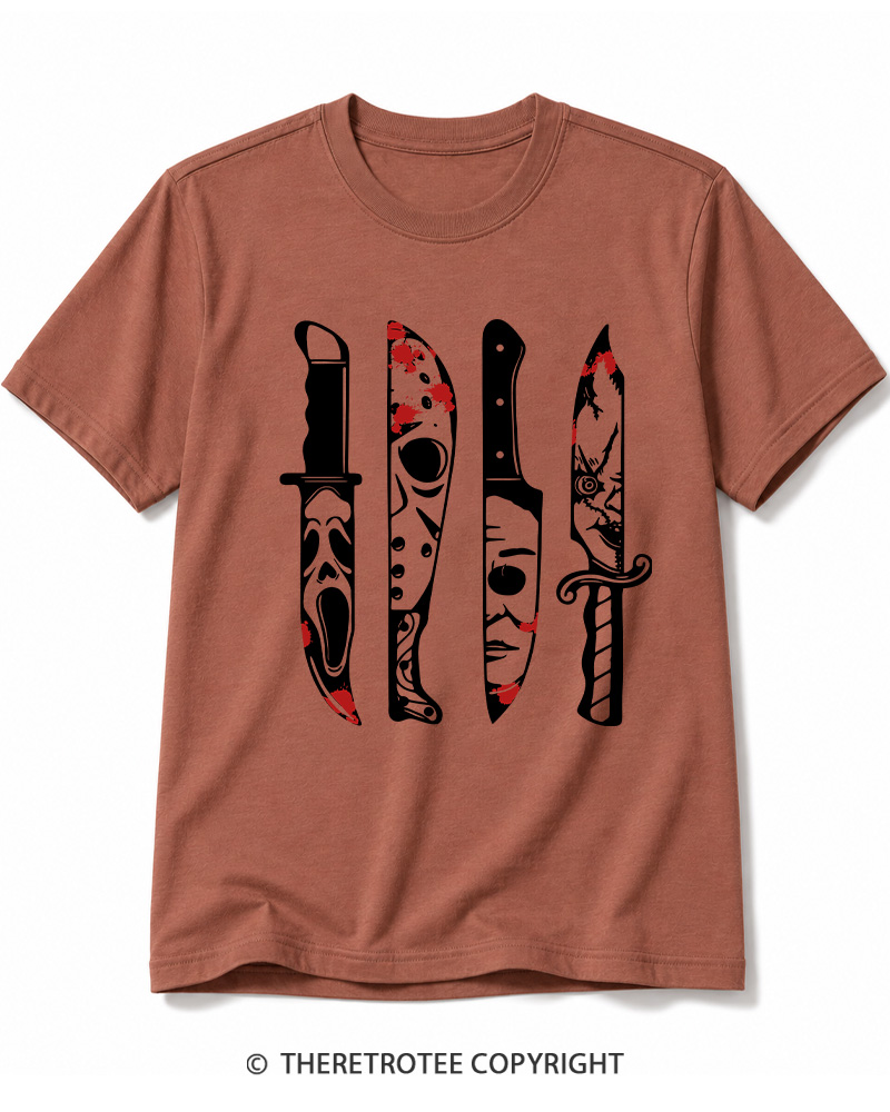 TheRetroTee Horror Movie Characters In Knives 1970s Cotton T-Shirt