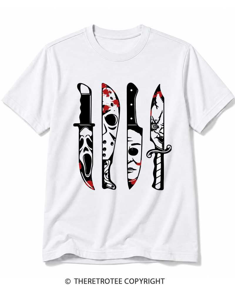 TheRetroTee Horror Movie Characters In Knives 1970s Cotton T-Shirt