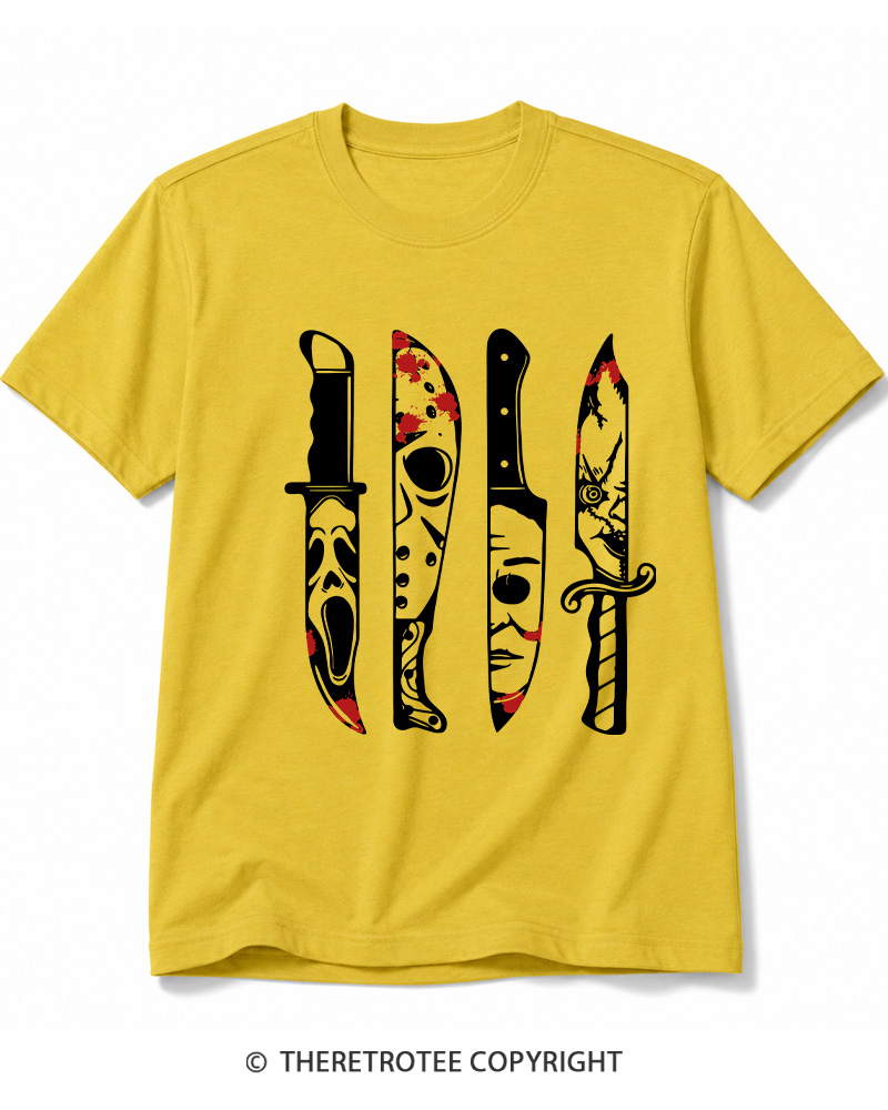 TheRetroTee Horror Movie Characters In Knives 1970s Cotton T-Shirt