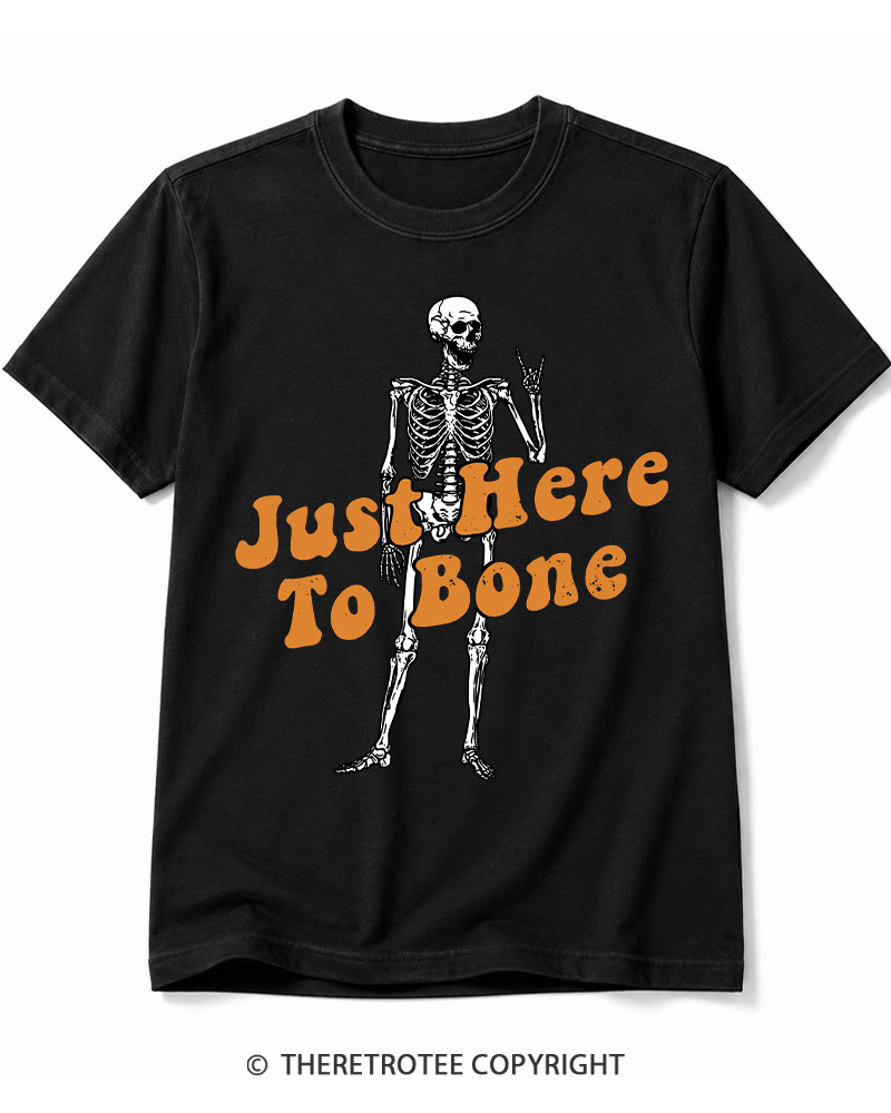 TheRetroTee Just Here To Bone 1990s Halloween Cotton T-Shirt