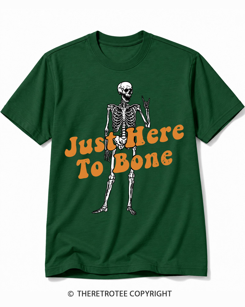 TheRetroTee Just Here To Bone 1990s Halloween Cotton T-Shirt