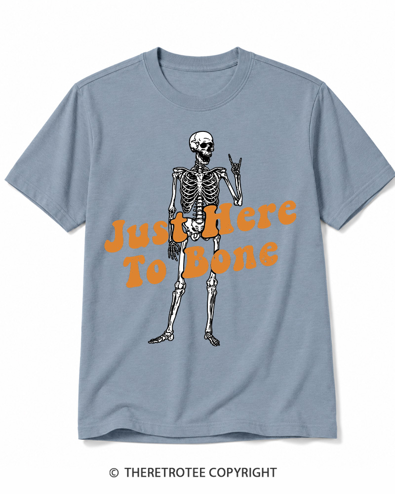 TheRetroTee Just Here To Bone 1990s Halloween Cotton T-Shirt