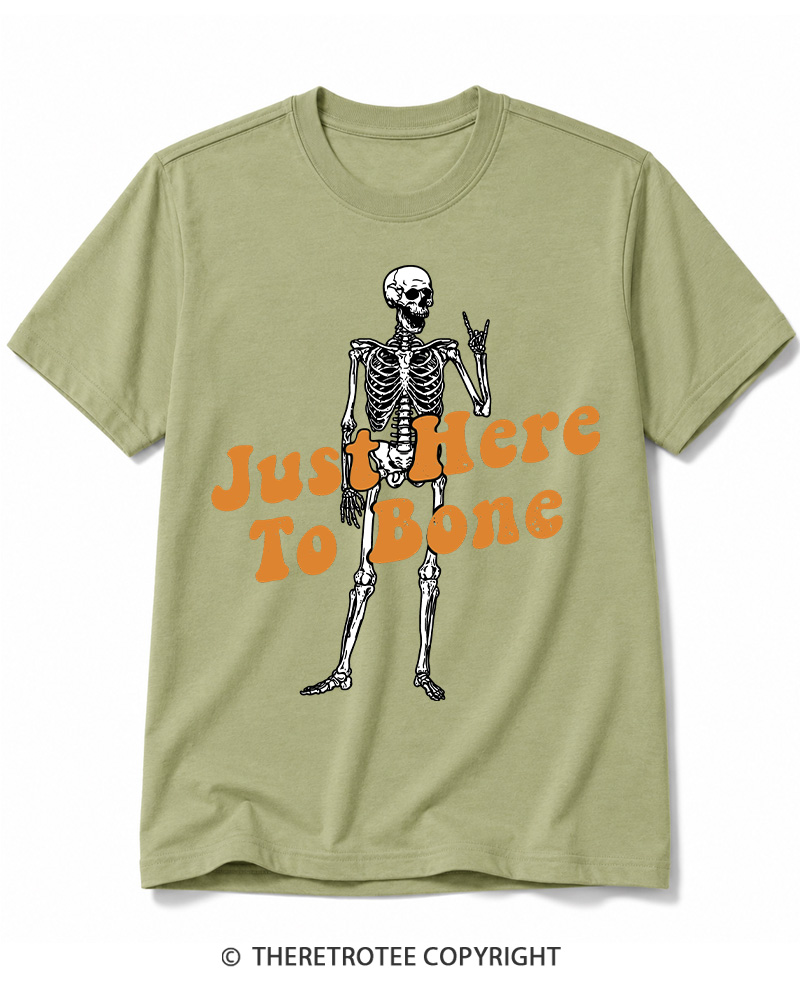 TheRetroTee Just Here To Bone 1990s Halloween Cotton T-Shirt