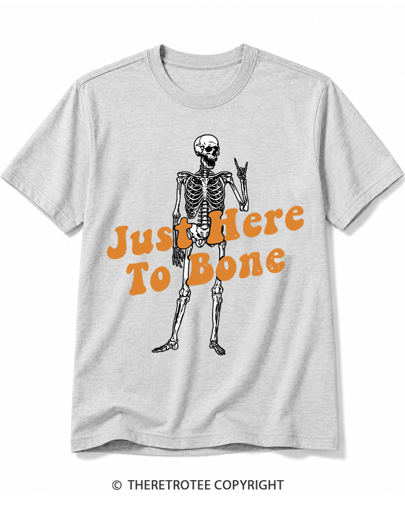 TheRetroTee Just Here To Bone 1990s Halloween Cotton T-Shirt