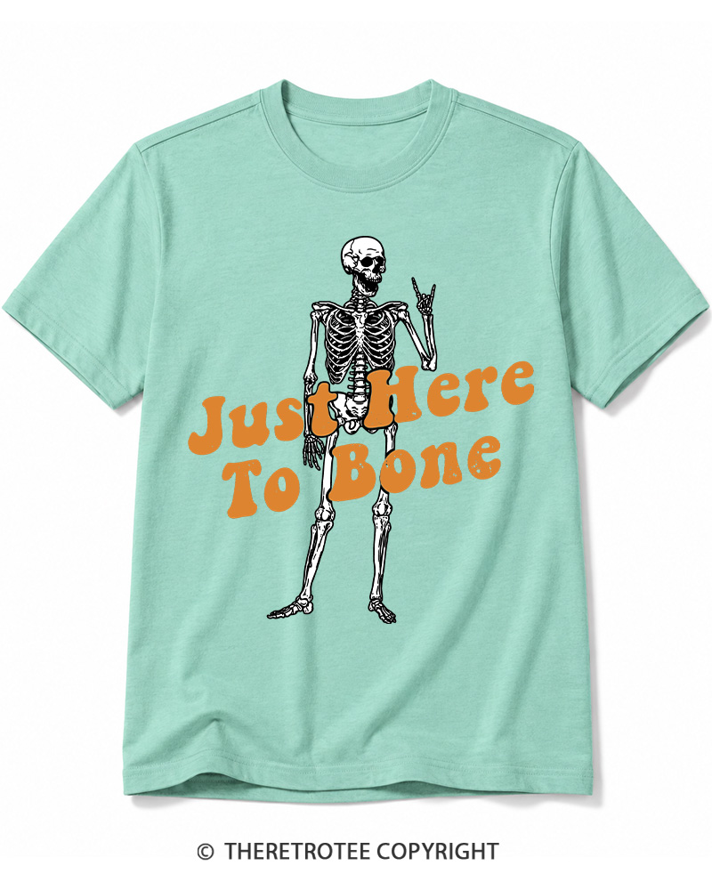 TheRetroTee Just Here To Bone 1990s Halloween Cotton T-Shirt