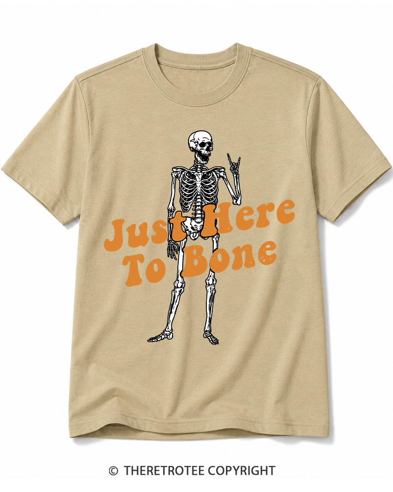 TheRetroTee Just Here To Bone 1990s Halloween Cotton T-Shirt