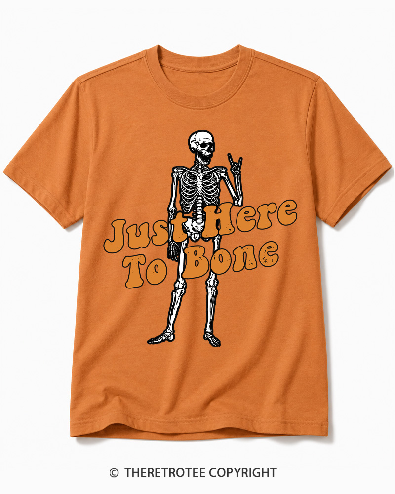 TheRetroTee Just Here To Bone 1990s Halloween Cotton T-Shirt