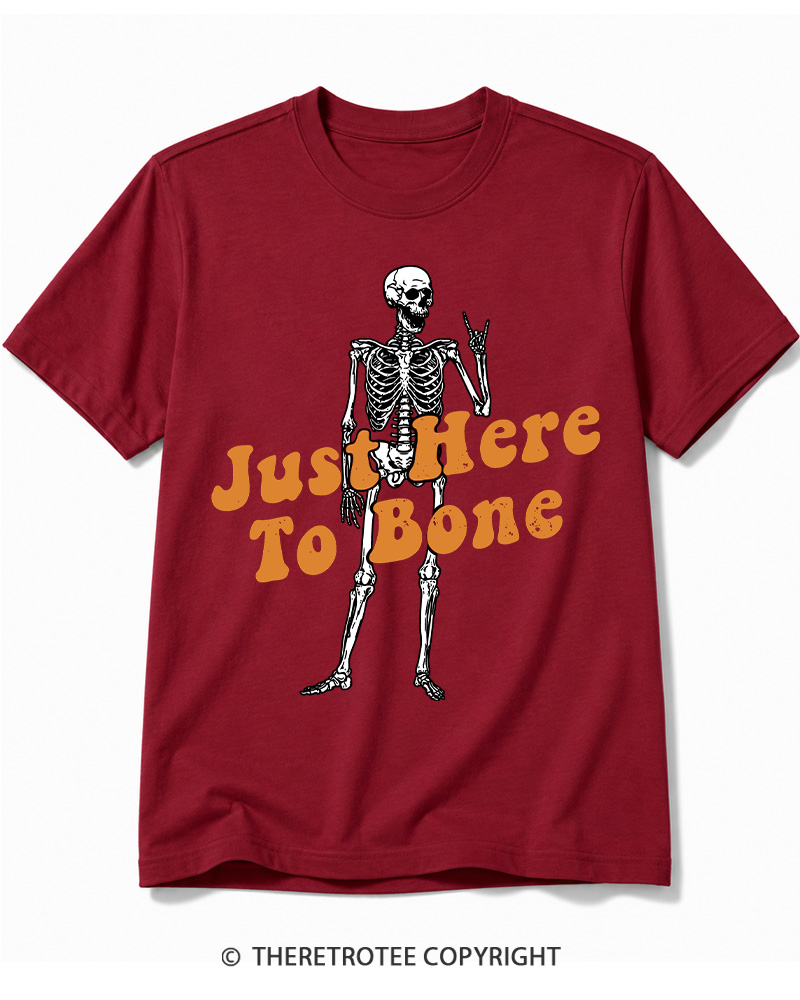 TheRetroTee Just Here To Bone 1990s Halloween Cotton T-Shirt