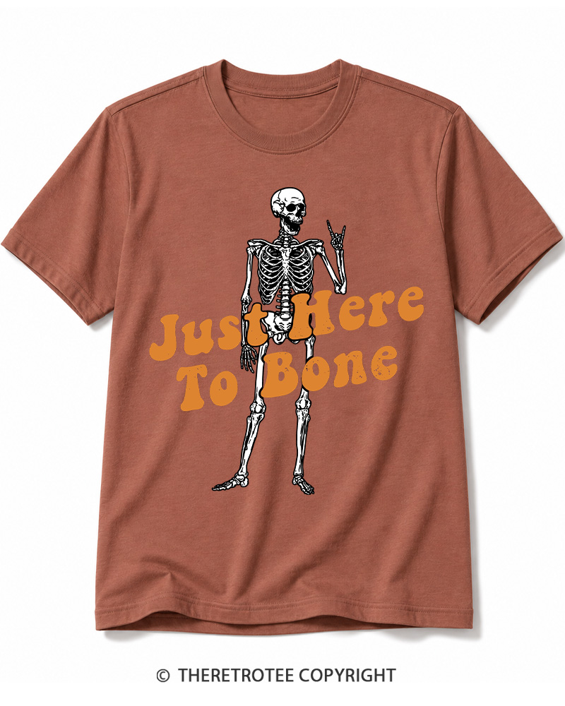 TheRetroTee Just Here To Bone 1990s Halloween Cotton T-Shirt
