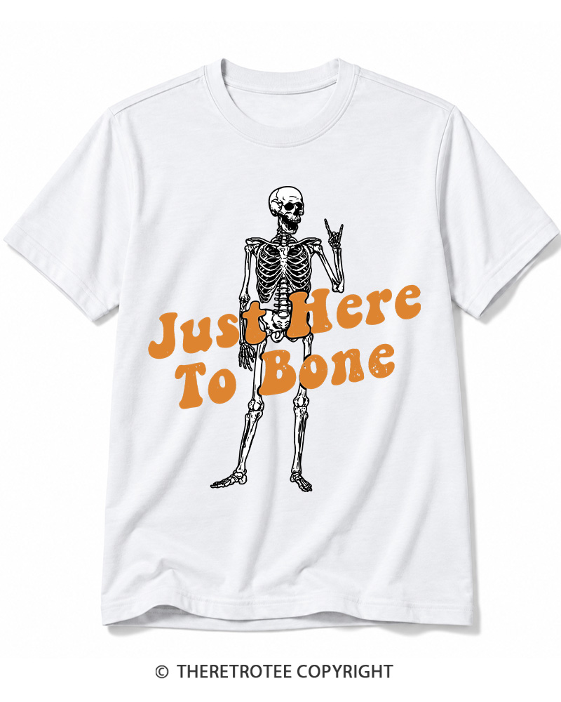 TheRetroTee Just Here To Bone 1990s Halloween Cotton T-Shirt