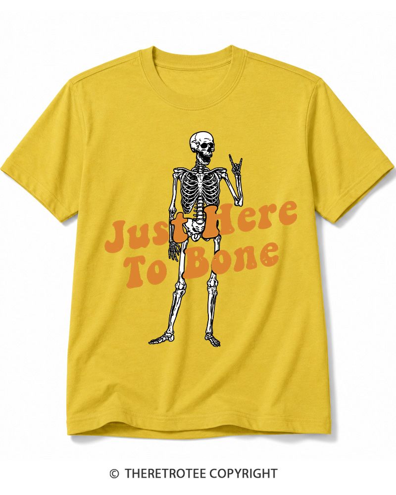 TheRetroTee Just Here To Bone 1990s Halloween Cotton T-Shirt