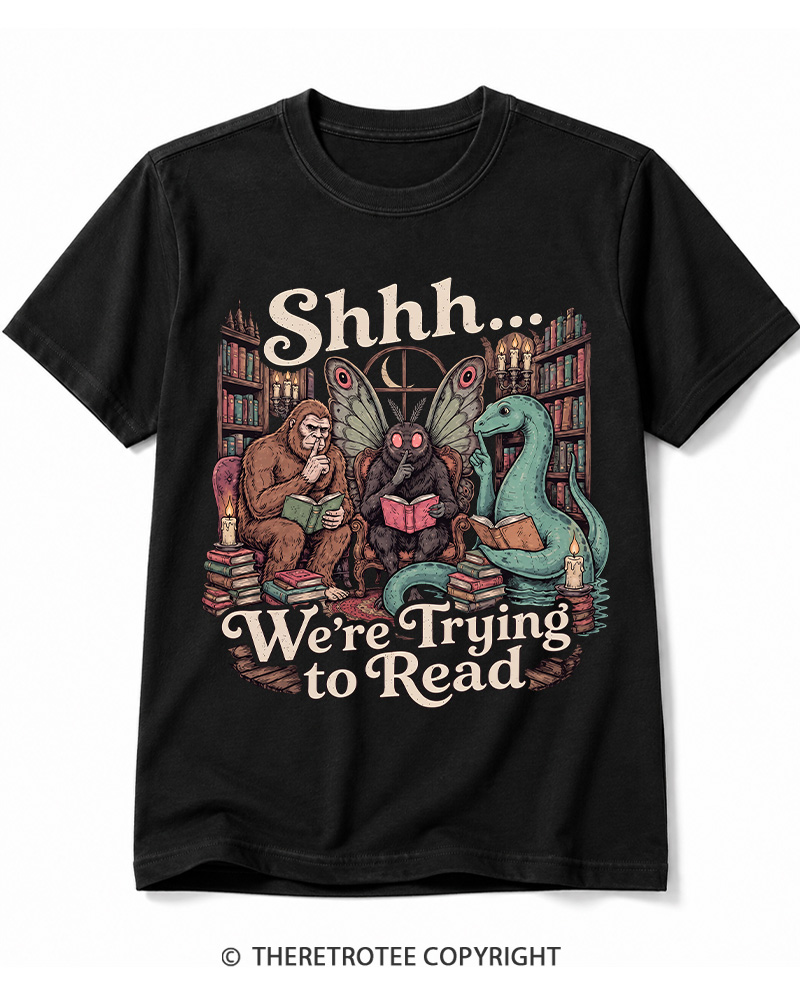 TheRetroTee Shhh We're Trying to Read Cryptid 1970s Cotton T-Shirt
