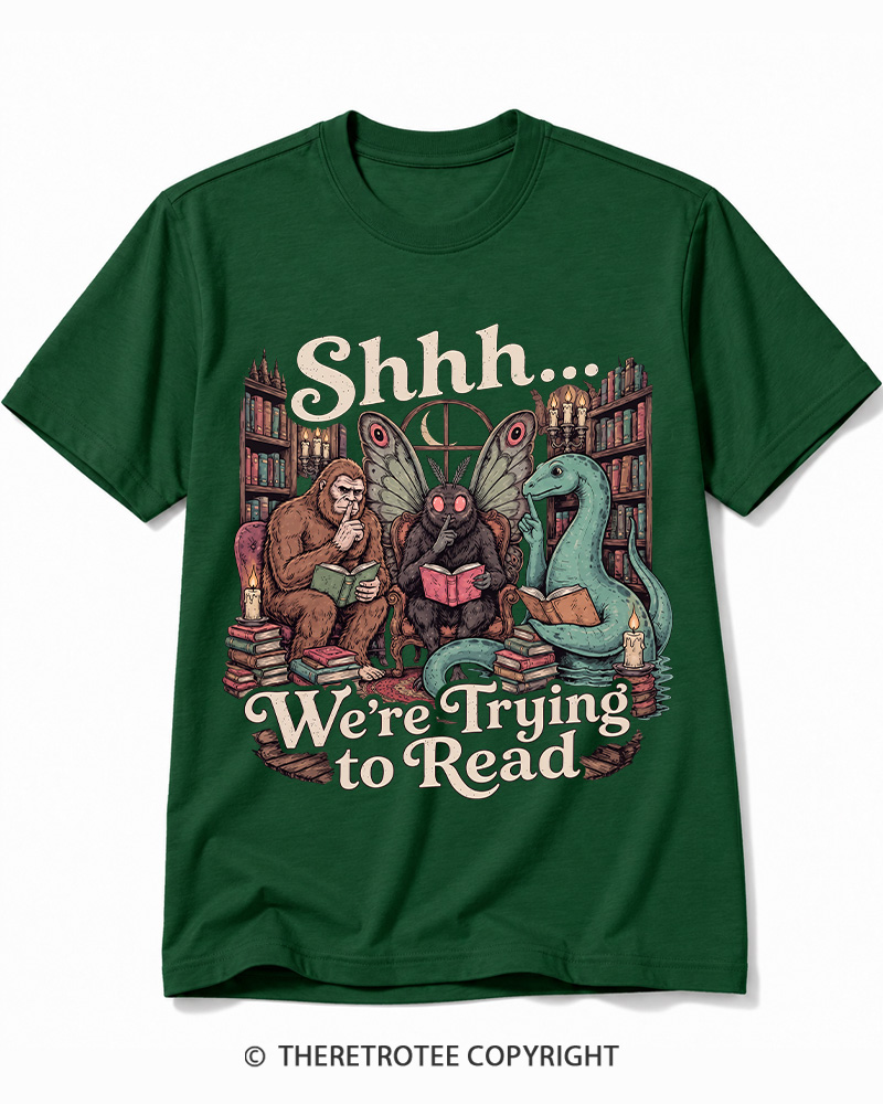 TheRetroTee Shhh We're Trying to Read Cryptid 1970s Cotton T-Shirt