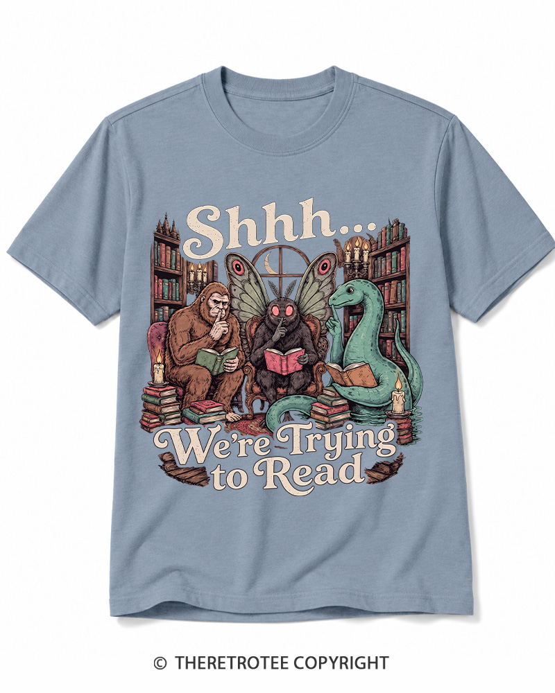 TheRetroTee Shhh We're Trying to Read Cryptid 1970s Cotton T-Shirt