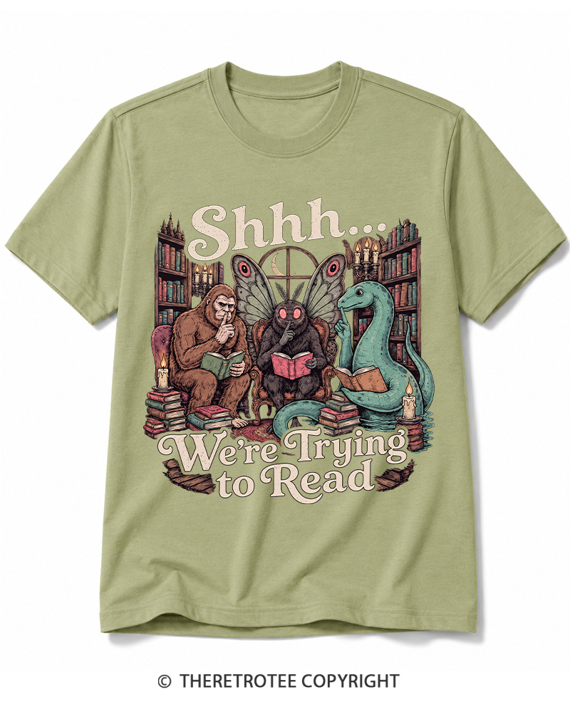 TheRetroTee Shhh We're Trying to Read Cryptid 1970s Cotton T-Shirt