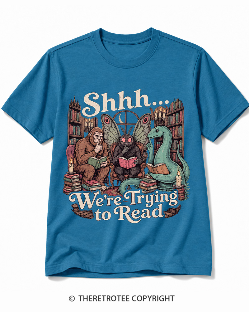 TheRetroTee Shhh We're Trying to Read Cryptid 1970s Cotton T-Shirt