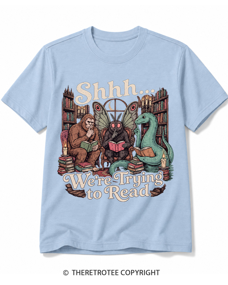 TheRetroTee Shhh We're Trying to Read Cryptid 1970s Cotton T-Shirt