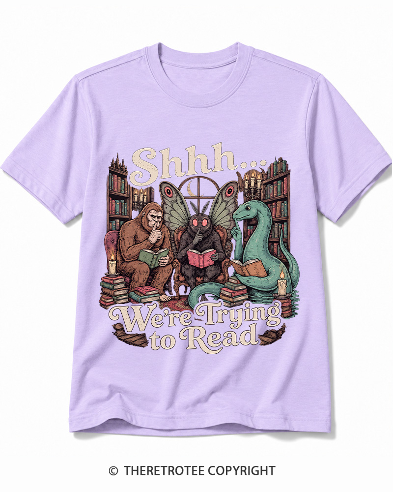 TheRetroTee Shhh We're Trying to Read Cryptid 1970s Cotton T-Shirt