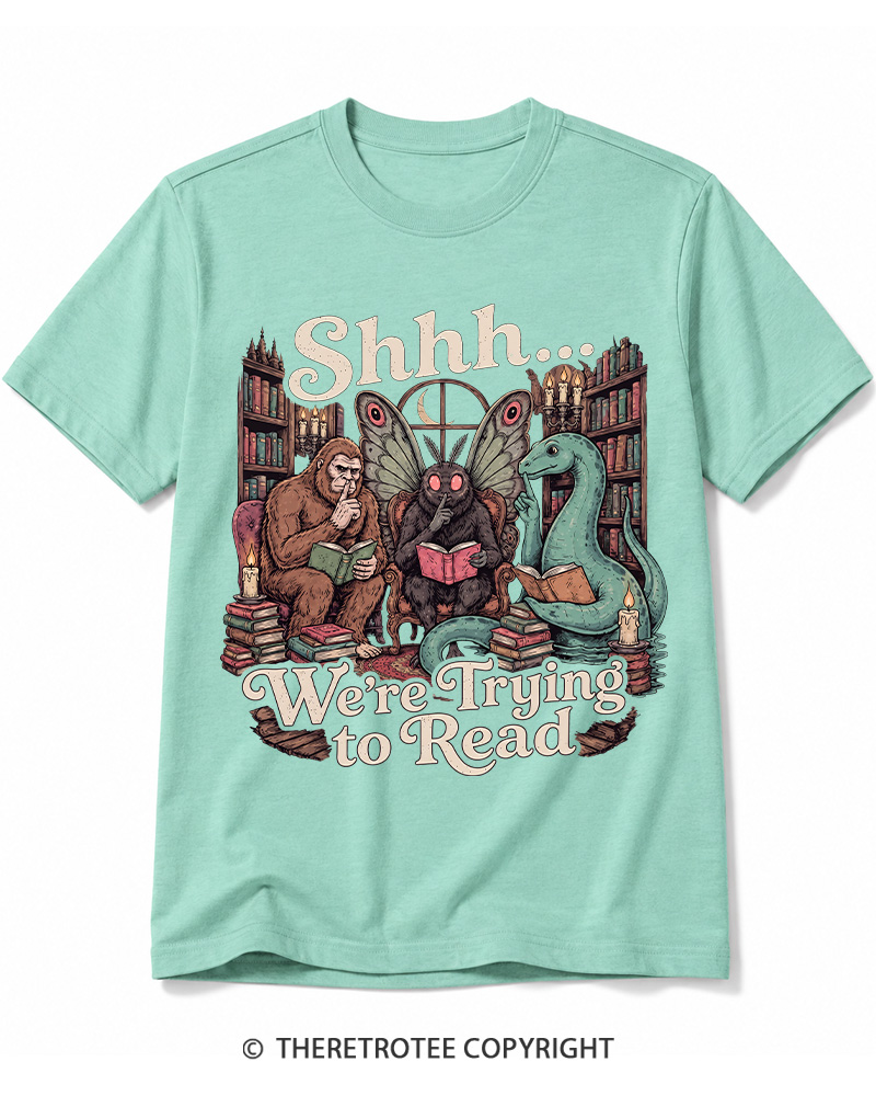 TheRetroTee Shhh We're Trying to Read Cryptid 1970s Cotton T-Shirt