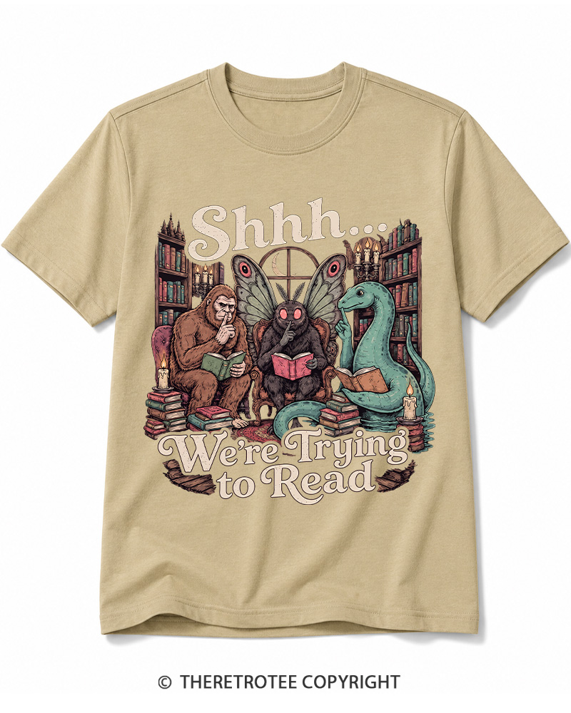 TheRetroTee Shhh We're Trying to Read Cryptid 1970s Cotton T-Shirt