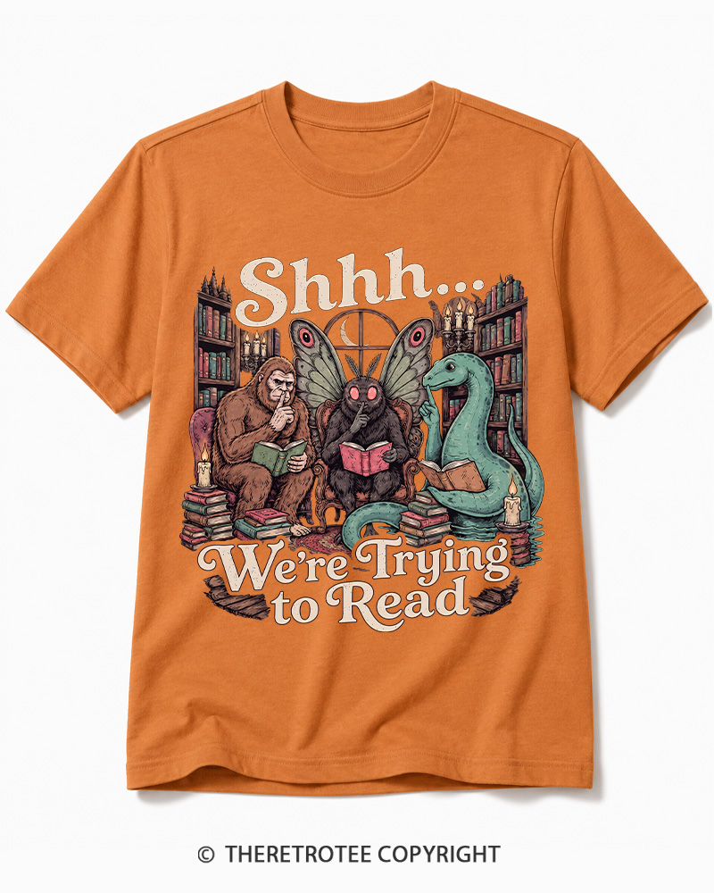 TheRetroTee Shhh We're Trying to Read Cryptid 1970s Cotton T-Shirt