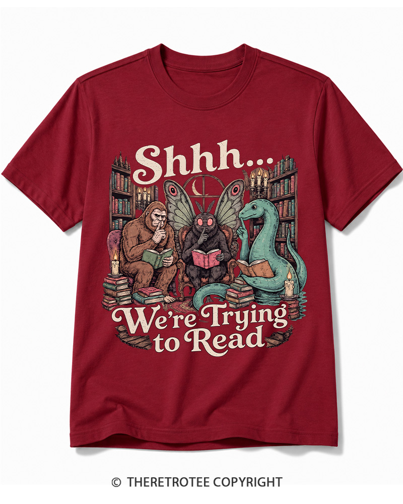 TheRetroTee Shhh We're Trying to Read Cryptid 1970s Cotton T-Shirt
