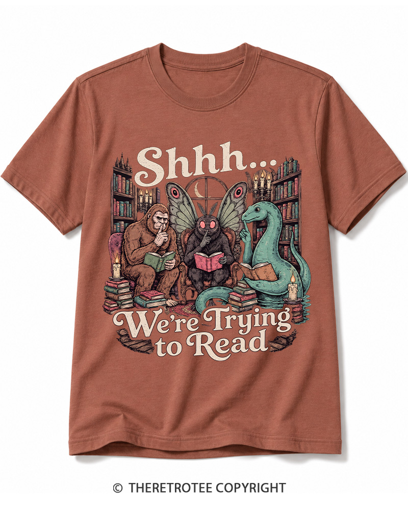 TheRetroTee Shhh We're Trying to Read Cryptid 1970s Cotton T-Shirt