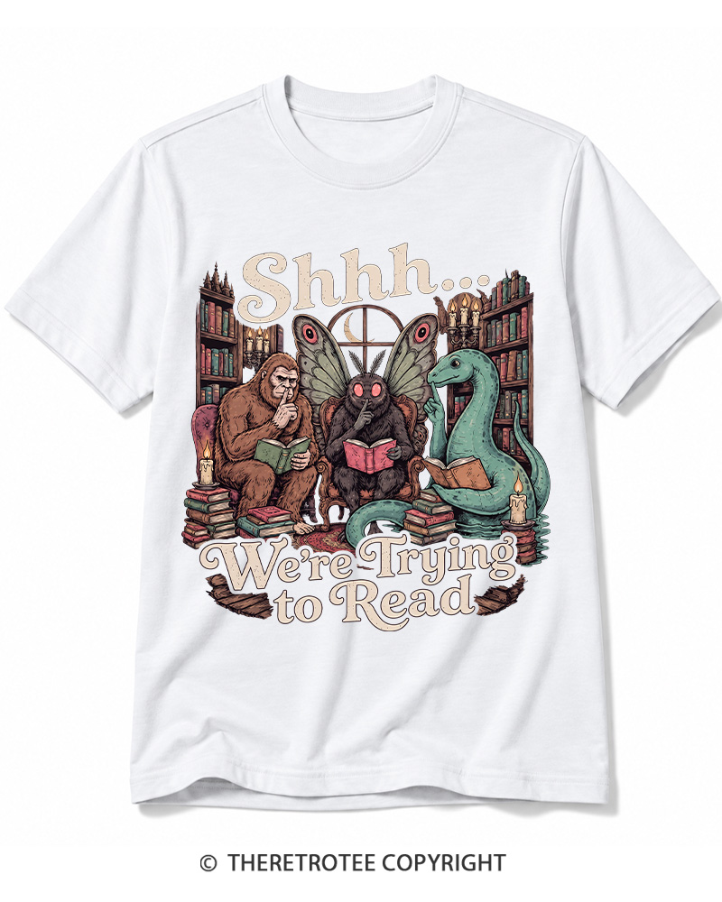 TheRetroTee Shhh We're Trying to Read Cryptid 1970s Cotton T-Shirt