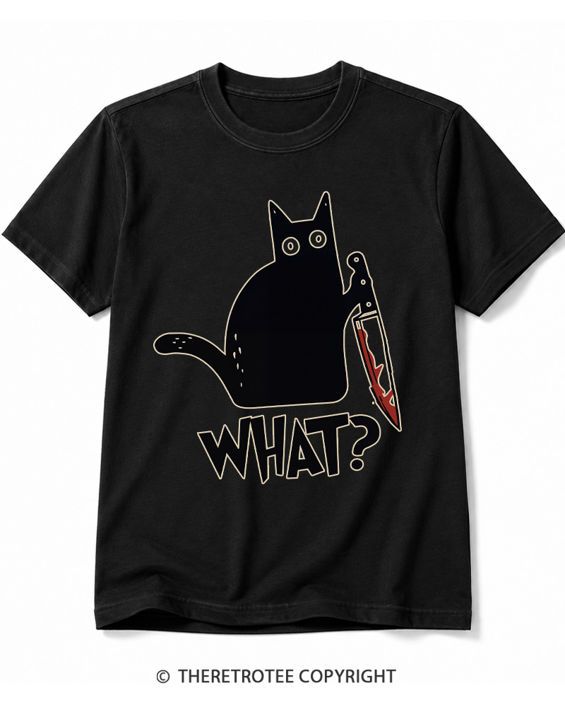 TheRetroTee What Black Cat With Knife Scary Halloween Cotton T-Shirt