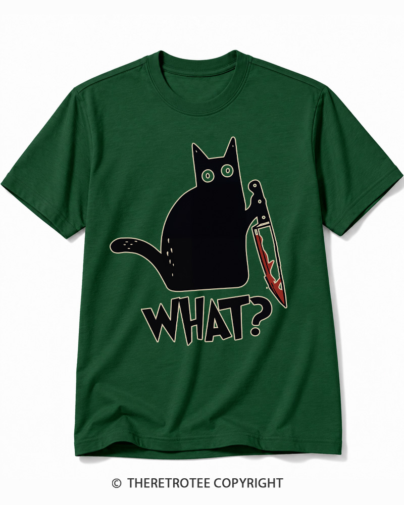 TheRetroTee What Black Cat With Knife Scary Halloween Cotton T-Shirt