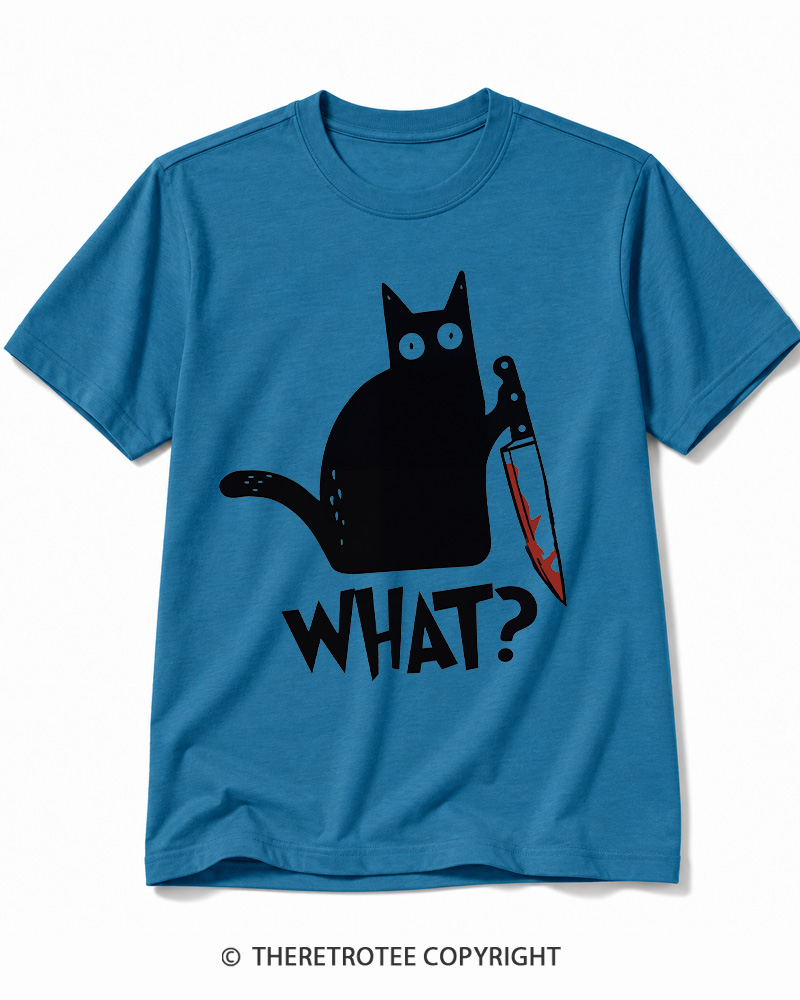 TheRetroTee What Black Cat With Knife Scary Halloween Cotton T-Shirt
