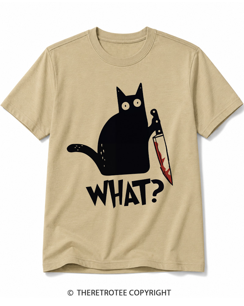 TheRetroTee What Black Cat With Knife Scary Halloween Cotton T-Shirt