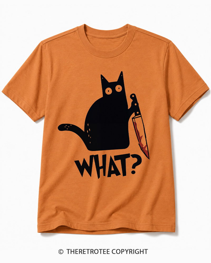 TheRetroTee What Black Cat With Knife Scary Halloween Cotton T-Shirt