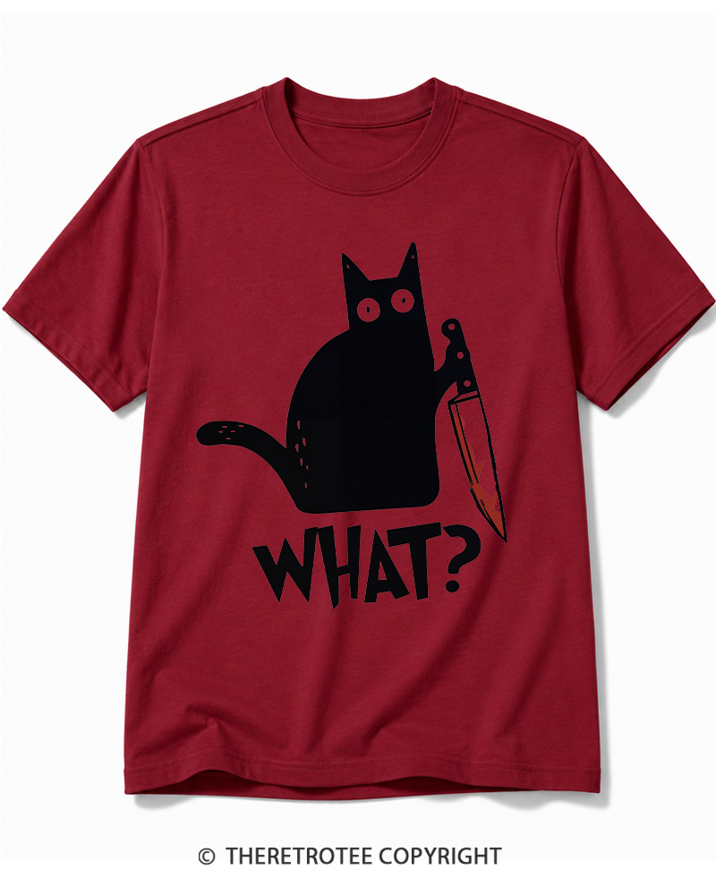TheRetroTee What Black Cat With Knife Scary Halloween Cotton T-Shirt