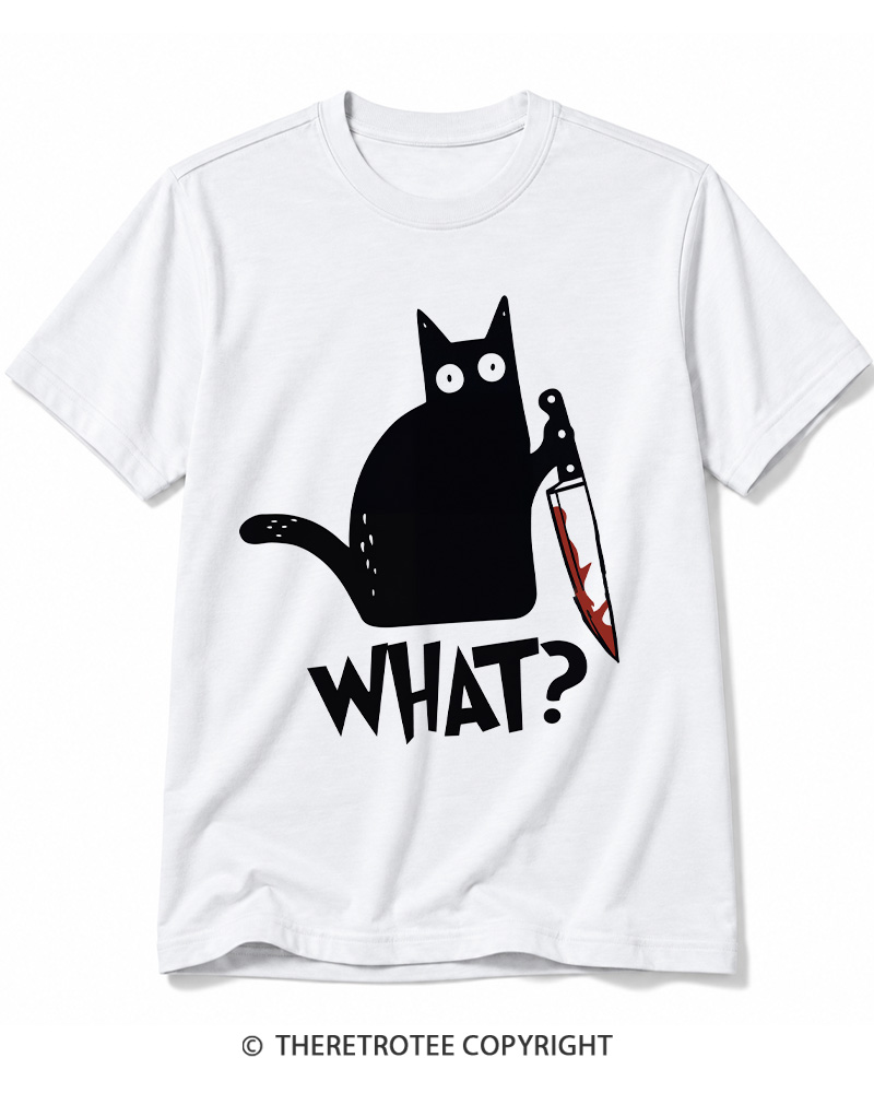 TheRetroTee What Black Cat With Knife Scary Halloween Cotton T-Shirt