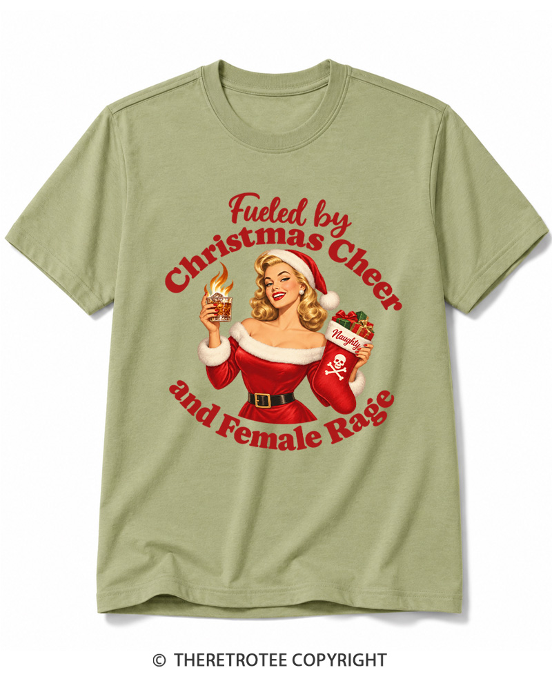 TheRetroTee Fueled by Christmas Cheer and Female Rage 1950s Cotton T-Shirt