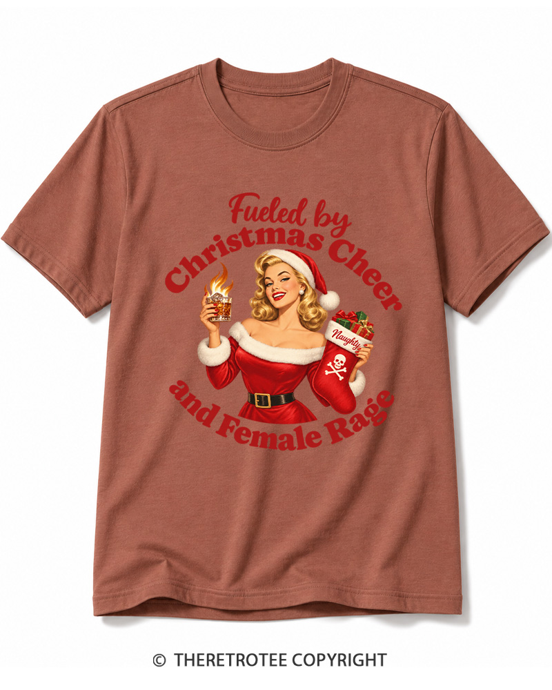 TheRetroTee Fueled by Christmas Cheer and Female Rage 1950s Cotton T-Shirt