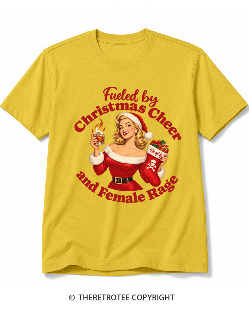 TheRetroTee Fueled by Christmas Cheer and Female Rage 1950s Cotton T-Shirt