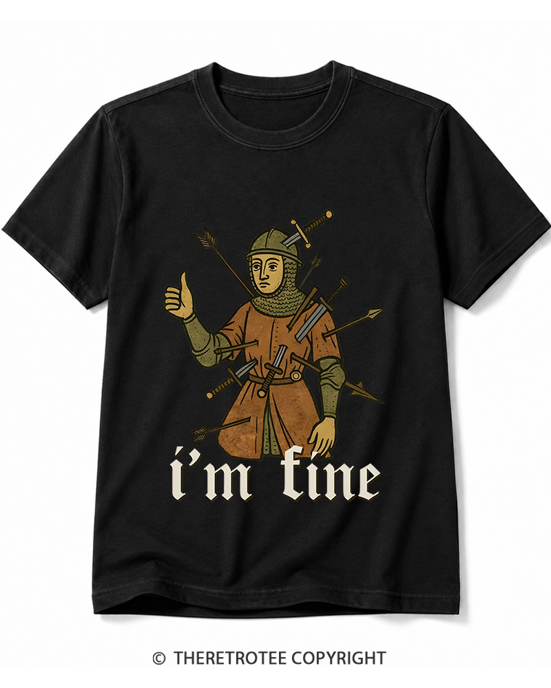 TheRetroTee Medieval Knight I’m Fine 1970s Cotton T-Shirt