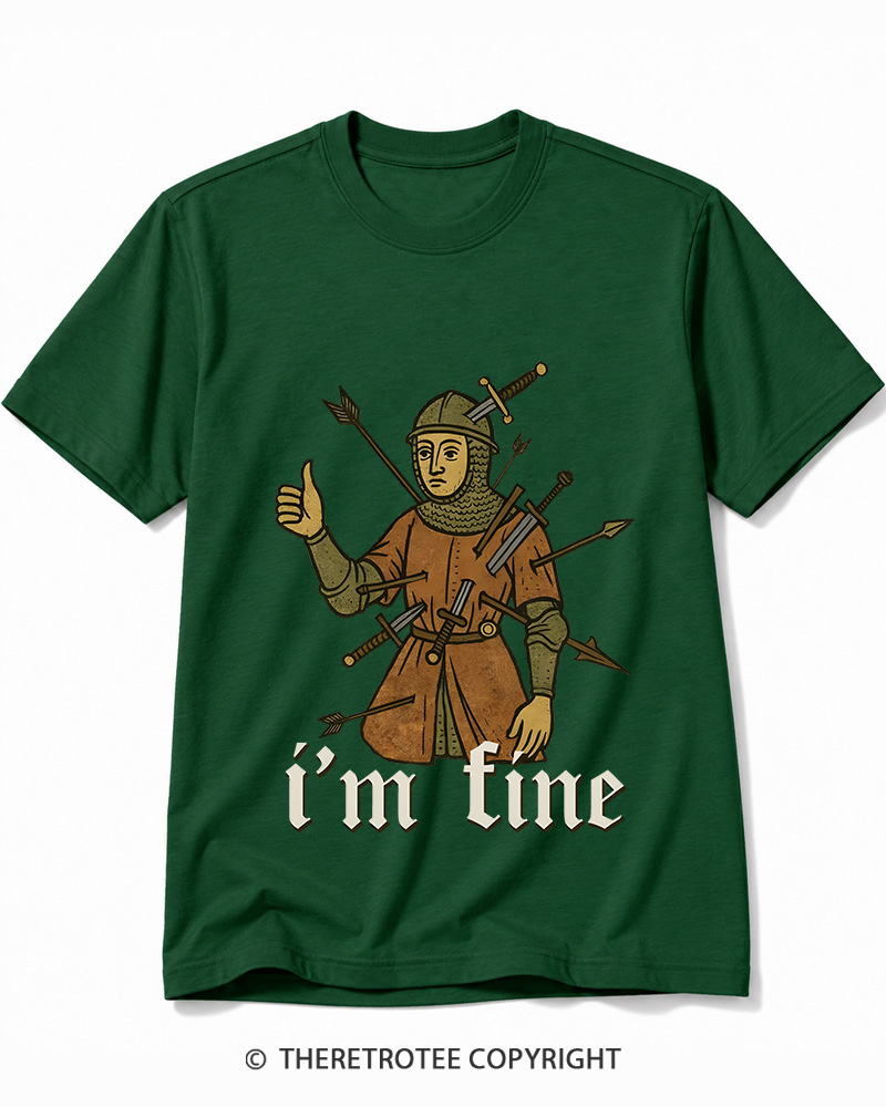 TheRetroTee Medieval Knight I’m Fine 1970s Cotton T-Shirt