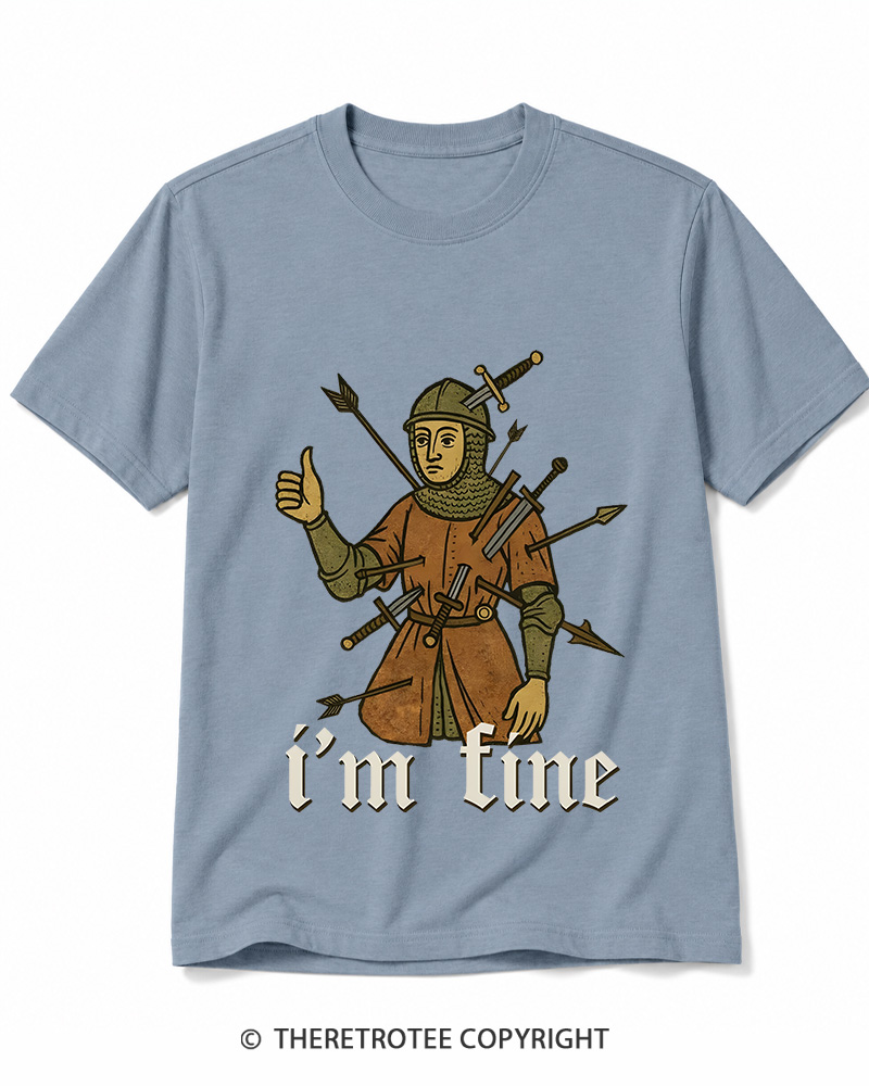 TheRetroTee Medieval Knight I’m Fine 1970s Cotton T-Shirt