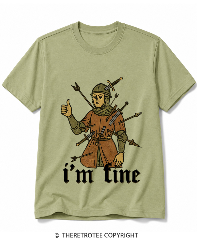 TheRetroTee Medieval Knight I’m Fine 1970s Cotton T-Shirt