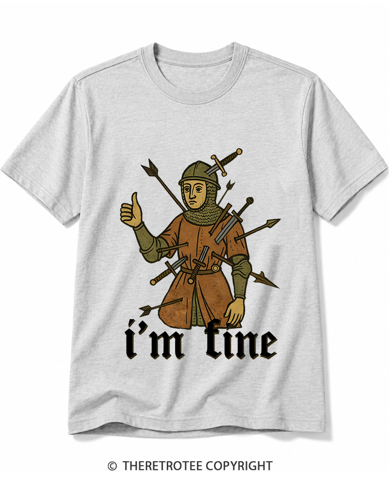 TheRetroTee Medieval Knight I’m Fine 1970s Cotton T-Shirt