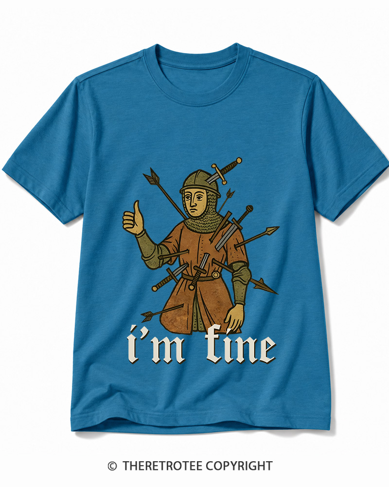 TheRetroTee Medieval Knight I’m Fine 1970s Cotton T-Shirt